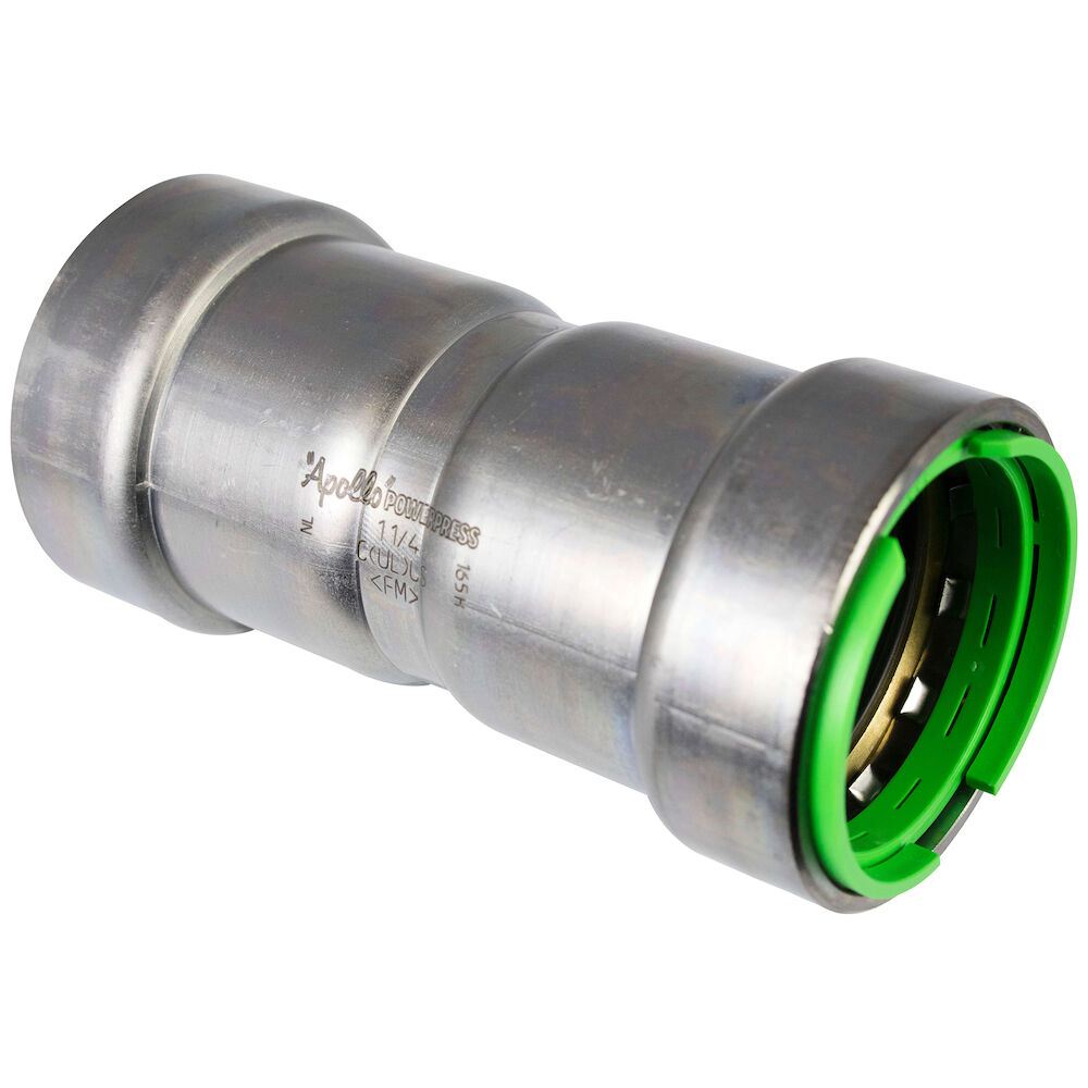 1/2" x 1/2", Press x Press, 230 PSI, Zinc Nickel Coated, Carbon Steel, Green Visual Inspection Ring, Non-gas, Straight, Coupling with Stop